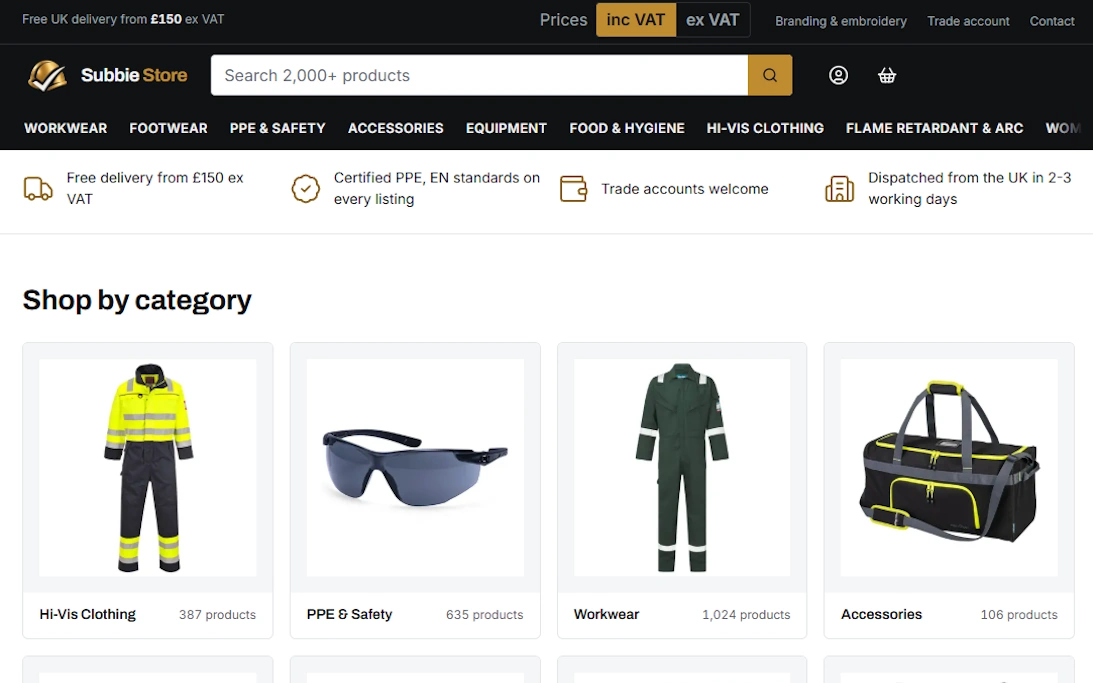 The Subbie Store online shop: workwear, PPE and safety gear with product search