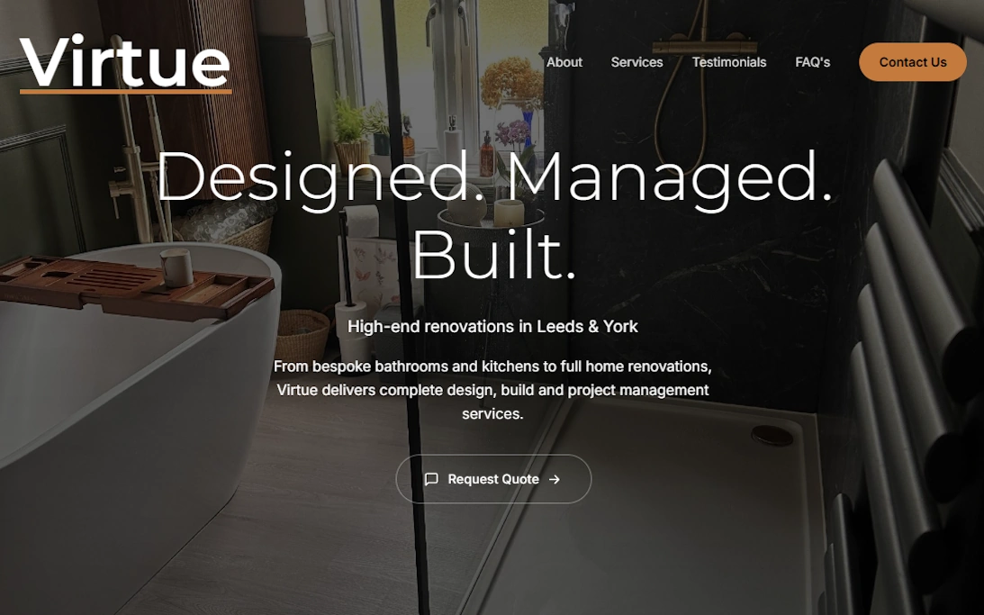 The Virtue Leeds website we built: an elegant homepage showcasing their home renovation work